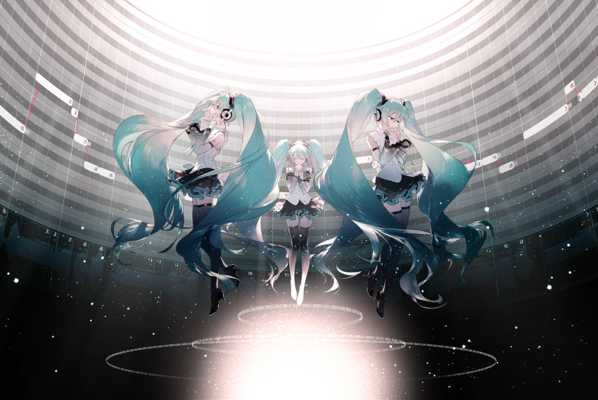 3girls aqua_eyes aqua_hair aqua_nails aqua_neckwear bare_shoulders binary black_legwear black_skirt boots closed_eyes commentary crypton_future_media detached_sleeves facing_to_the_side facing_viewer fingers_together floating from_side full_body glowing hair_ornament hands_together hatsune_miku hatsune_miku_(nt) headphones high_heels highres light_particles long_hair miniskirt multiple_girls multiple_persona nail_polish neck_ribbon official_art piapro pleated_skirt rella ribbon see-through_legwear see-through_sleeves shirt shoulder_tattoo skirt sleeveless sleeveless_shirt tattoo thigh-highs thigh_boots twintails very_long_hair vocaloid white_shirt white_sleeves wide_shot zettai_ryouiki