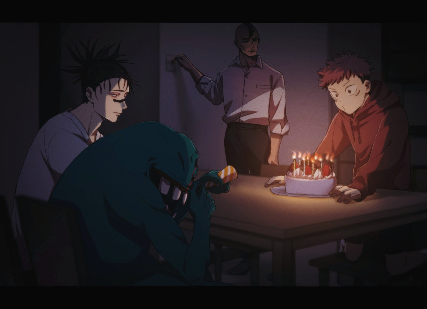 3boys birthday_cake birthday_party black_border black_hair black_pants border cake candle chair choso_(jujutsu_kaisen) closed_mouth collared_shirt dark eso_(jujutsu_kaisen) facial_mark facial_tattoo food fruit full_body highres holding hood hood_down hoodie indoors itadori_yuuji jujutsu_kaisen kechizu_(jujutsu_kaisen) letterboxed long_sleeves looking_at_another majo_(nxikhwztef3cjyk) male_focus monster multiple_boys pants party_popper pink_hair red_hoodie shirt short_hair short_twintails shorts strawberry table tattoo twintails white_shirt