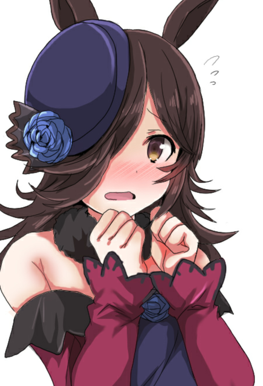 1girl animal_ears bare_shoulders black_neckwear blue_flower blue_headwear blue_rose blush brown_eyes brown_hair commentary_request dress embarrassed flower flower_ornament hair_over_one_eye hands_up hat hat_flower highres horse_ears horse_girl long_hair long_sleeves looking_at_viewer off-shoulder_dress off_shoulder open_mouth oshiruko_(uminekotei) rice_shower rose simple_background solo tilted_headwear umamusume upper_body white_background