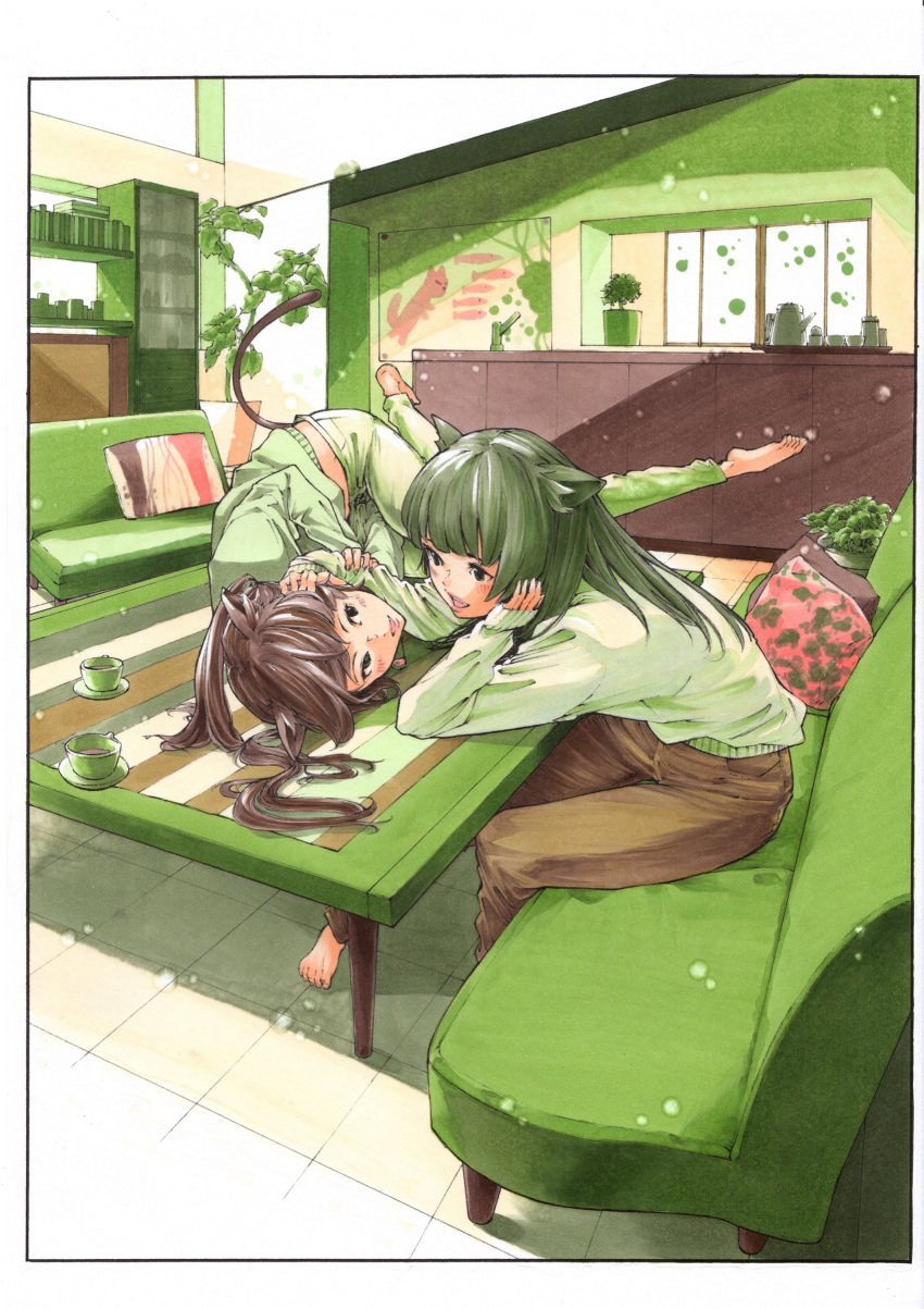 2girls absurdres animal_ears bangs barefoot black_eyes border brown_pants cat_ears cat_tail couch cup gagaimo green_shirt highres indoors leaf midriff multiple_girls original pants pillow plant potted_plant shelf shirt table tail traditional_media white_border