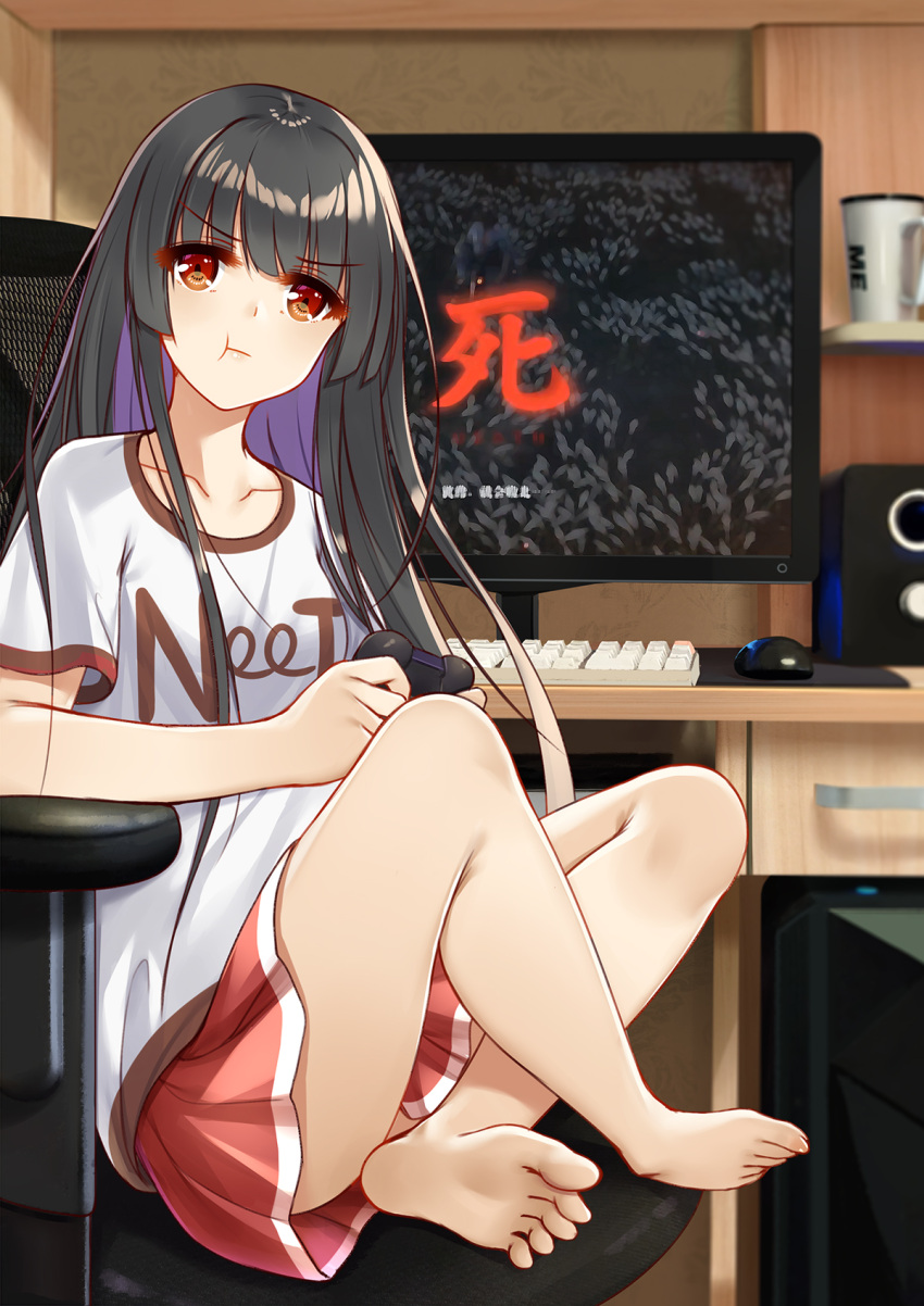 1girl :t alternate_costume bangs barefoot black_hair blunt_bangs breasts chair closed_mouth collarbone controller crossed_ankles desk eyebrows_visible_through_hair flan_(seeyouflan) highres holding holding_controller houraisan_kaguya indoors keyboard_(computer) long_hair looking_at_viewer monitor mouse_(computer) neet pout red_eyes red_skirt shirt short_sleeves sitting skirt small_breasts soles solo toes touhou v-shaped_eyebrows white_shirt