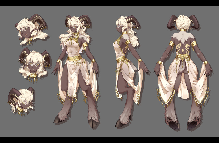 1girl absurdres animal_ears armlet arms_at_sides backless_outfit blonde_hair bracelet breasts character_sheet choker dark_skin dark-skinned_female digitigrade expressions from_behind from_side full_body fur goat_ears goat_girl goat_horns goat_tail gold grey_background highres hooves horn_ornament horns jewelry letterboxed long_hair looking_at_viewer medium_breasts mono-san_no_tonkatsu monster_girl original tassel tattoo yellow_eyes