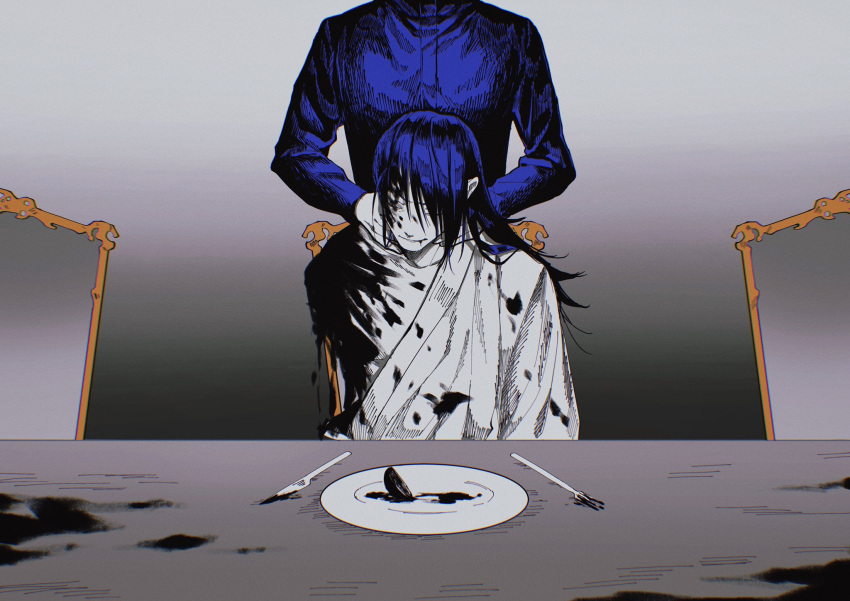 2boys bangs blood blood_on_face bloody_clothes blue_hair blue_jacket chair closed_mouth dismemberment fork getou_suguru gojou_satoru gradient gradient_background grey_background hair_between_eyes hands_on_another's_neck head_out_of_frame highres jacket japanese_clothes jujutsu_kaisen kimono knife kuropani_cos long_hair long_sleeves male_focus multiple_boys plate smile spoilers table upper_body white_kimono