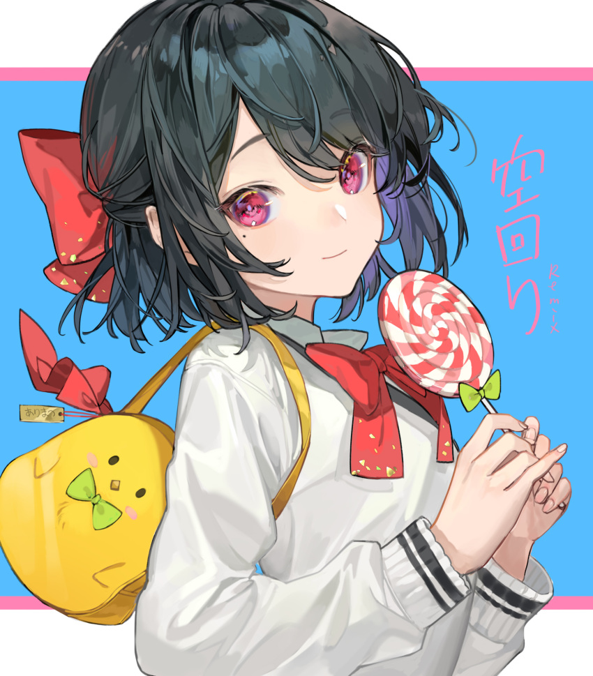1girl bag black_hair bow bowtie candy chyoel closed_mouth eye_focus fingernails food grey_shirt hair_bow hands_up highres holding holding_candy holding_food holding_lollipop lollipop long_sleeves looking_at_viewer mole mole_under_eye original pink_eyes pinky_out red_bow red_neckwear shirt shoulder_bag smile solo upper_body