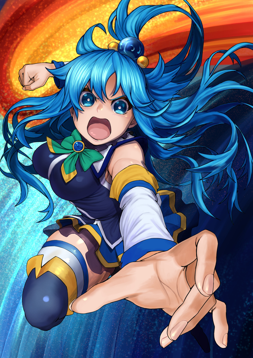 1girl absurdres angry aqua_(konosuba) bangs bare_shoulders blue_eyes blue_hair blue_shirt boots bow breasts clenched_hand commentary_request detached_sleeves gem green_bow hair_ornament hair_rings highres huge_filesize izawa_koushi kono_subarashii_sekai_ni_shukufuku_wo! large_breasts long_hair looking_at_viewer medium_breasts open_mouth outstretched_arm punching shirt skindentation skirt sleeveless solo thigh-highs thigh_boots v-shaped_eyebrows white_legwear