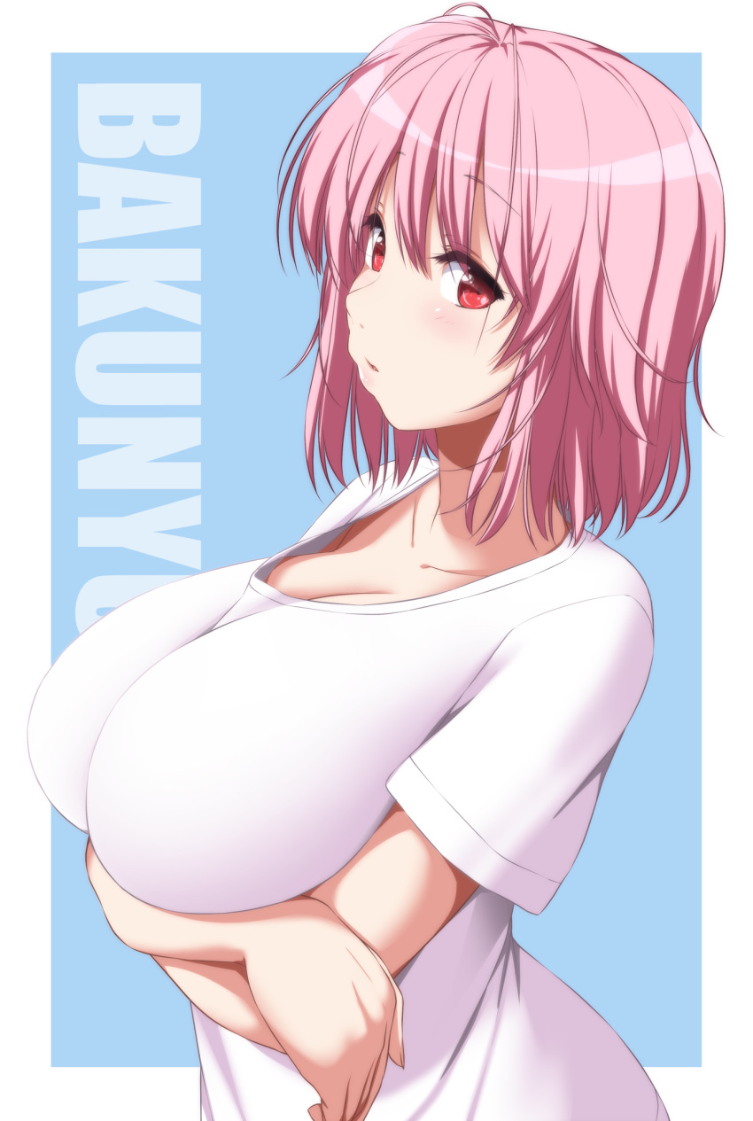 1girl alternate_costume arms_under_breasts blue_background breasts casual highres large_breasts looking_at_viewer medium_hair nori_tamago pink_hair red_eyes romaji_text saigyouji_yuyuko shirt short_sleeves solo touhou upper_body white_shirt