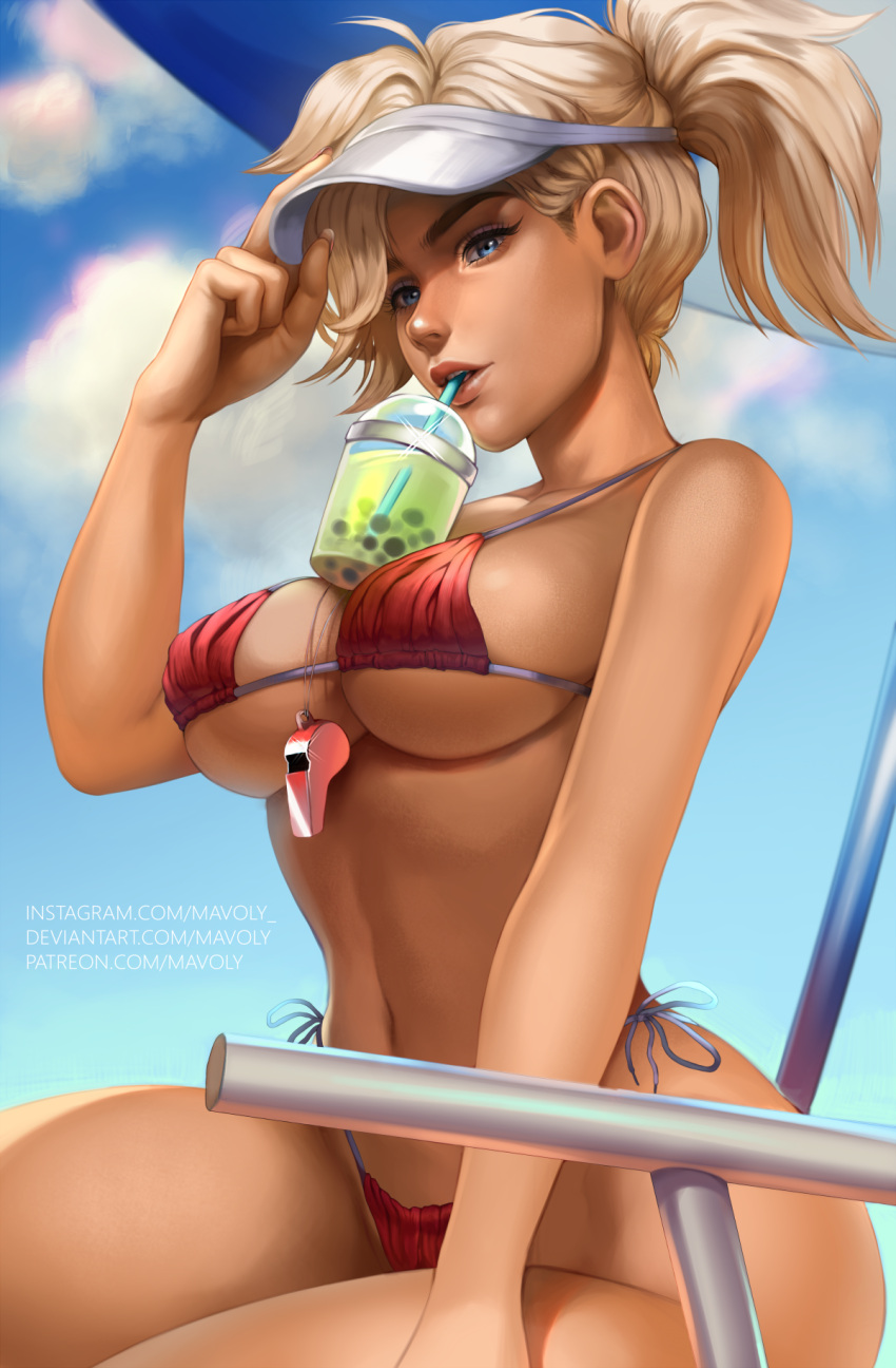 1girl adjusting_clothes adjusting_headwear baywatch between_breasts bikini blue_eyes blue_sky breasts bubble_tea bubble_tea_challenge clouds cloudy_sky covered_navel cup day disposable_cup drinking_straw eyelashes eyeliner fingernails hair_over_one_eye highres large_breasts lifeguard long_fingernails looking_at_viewer makeup mavoly meme mercy_(overwatch) mismatched_eyebrows navel nose overwatch pink_lips platinum_blonde_hair red_bikini short_ponytail side-tie_bikini sitting sky solo spaghetti_strap strap_gap summer swimsuit tan thick_eyebrows under_boob visor_cap watermark web_address whistle whistle_around_neck