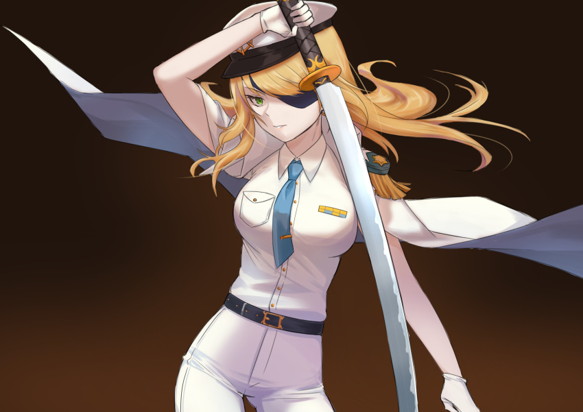 1girl aqua_neckwear bangs blonde_hair cape eyepatch feet_out_of_frame gloves grand_admiral_marina green_eyes guardian_tales highres holding holding_weapon long_hair looking_at_viewer magicfishtaco military military_uniform naval_uniform pants saber_(weapon) simple_background swept_bangs sword uniform weapon white_gloves white_pants