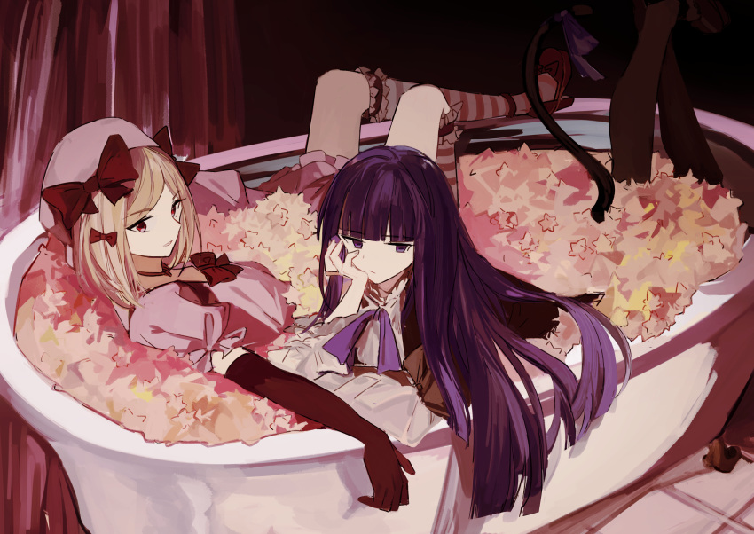 2girls absurdres bangs bathtub black_legwear blonde_hair blunt_bangs bow candy claw_foot_bathtub clothed_bath curtains dress elbow_gloves food frilled_sleeves frills gloves hair_bow hat hat_bow head_rest highres hime_cut indoors konpeitou lambdadelta long_hair marumarukin multiple_girls neck_ribbon pink_headwear puffy_sleeves purple_bow purple_hair purple_neckwear red_eyes ribbon shared_bathing short_hair sideways_glance smile striped striped_legwear tail tail_bow tail_ornament umineko_no_naku_koro_ni violet_eyes