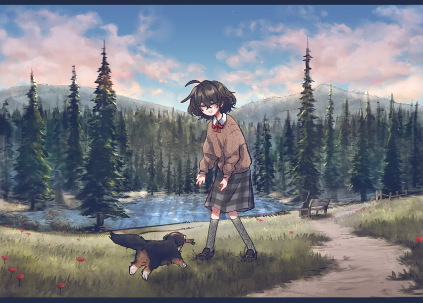 1girl ahoge animal bangs bench blind_girl_(popopoka) brown_footwear brown_hair brown_sweater contrapposto day dog facing_down fetch freckles full_body grass grey_legwear happy highres kneehighs long_sleeves mountainous_horizon neck_ribbon original outdoors path plaid plaid_skirt playing popopoka red_ribbon ribbon shoes skirt smile solo stick sweater teeth tree