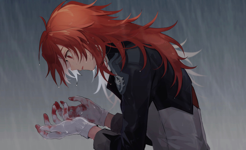 1boy alternate_costume blood bloody_clothes bloody_hands diluc_(genshin_impact) genshin_impact gloves highres long_hair looking_at_hand looking_at_hands male_focus parted_lips rain red_eyes redhead solo white_gloves wide-eyed yoko_(nz_g)