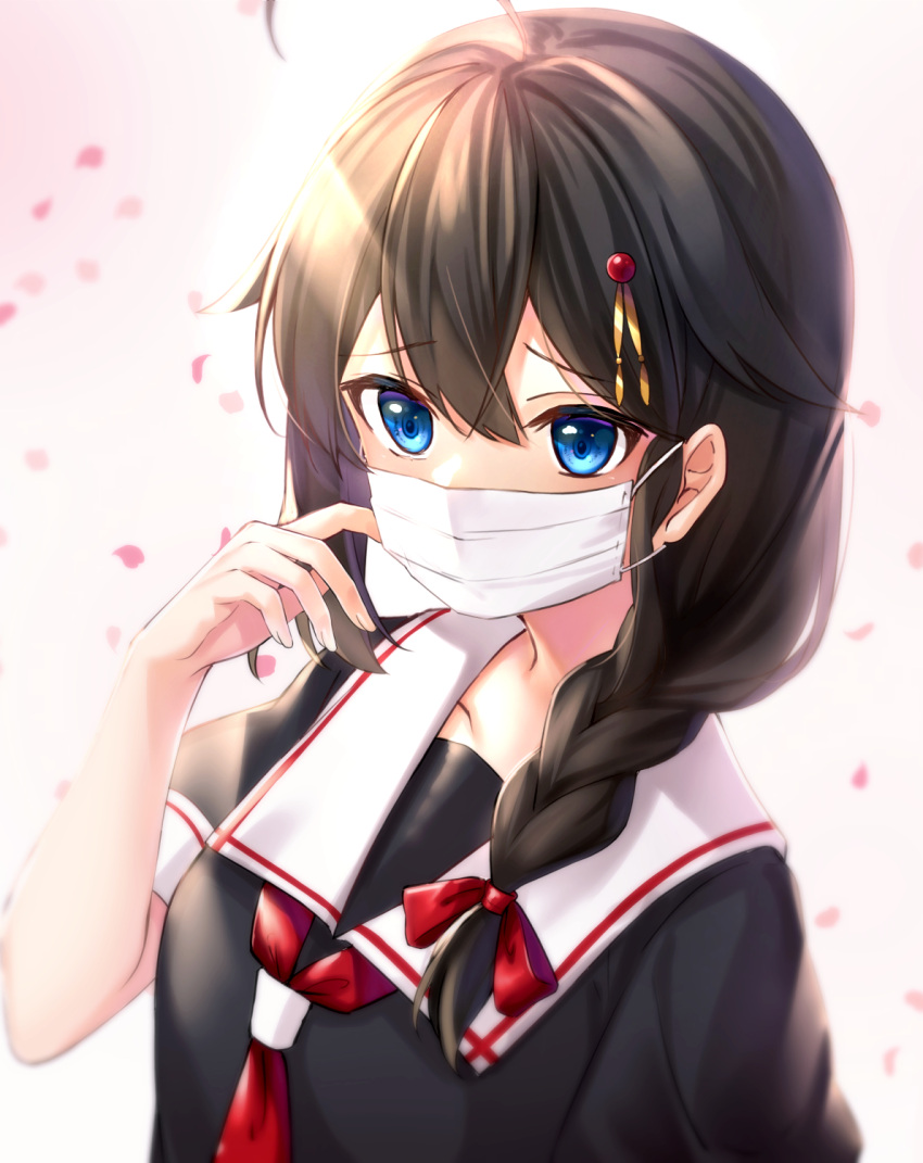 1girl adjusting_mask ahoge bangs black_hair black_shirt blue_eyes braid eyebrows_visible_through_hair hair_flaps hair_ornament hair_over_shoulder hair_ribbon hand_up highres kantai_collection long_hair looking_at_viewer mask mouth_mask neckerchief petals red_neckwear red_ribbon remodel_(kantai_collection) ribbon rukinya_(nyanko_mogumogu) sailor_collar shigure_(kancolle) shirt short_sleeves simple_background single_braid solo surgical_mask symbol_commentary white_background white_sailor_collar