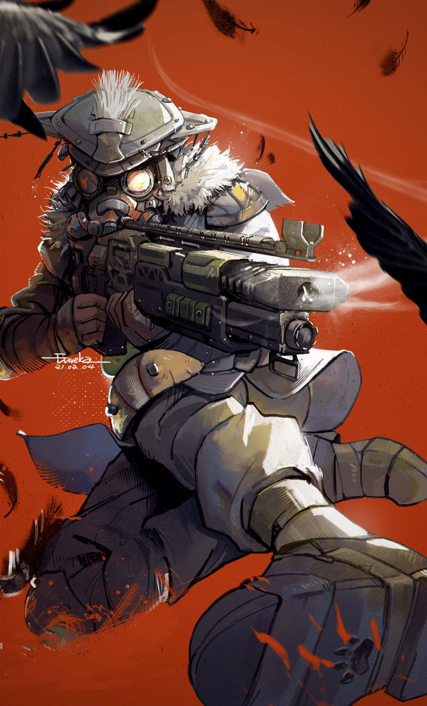 1other ambiguous_gender apex_legends artist_name bird bloodhound_(apex_legends) boots brown_footwear crow dated eureka1812 feathers firing gas_mask goggles gun helmet highres holding holding_gun holding_weapon m1904_mastiff mask mouth_mask red_background shotgun sliding solo weapon