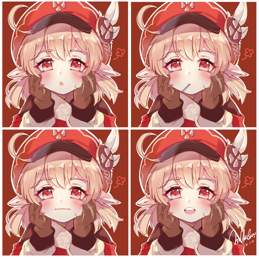 1girl absurdres ahoge bangs blush brown_background brown_gloves cabbie_hat closed_mouth commentary_request dated dress expressions eyebrows_visible_through_hair genshin_impact gloves hair_between_eyes hands_up hat hat_feather highres klee_(genshin_impact) light_brown_hair long_hair long_sleeves looking_at_viewer low_twintails milk_tea_(pixiv41571804) open_mouth pointy_ears red_dress red_eyes red_headwear signature twintails upper_body upper_teeth white_feathers