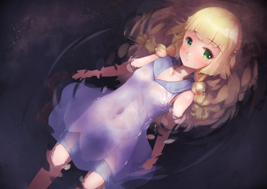 1girl afloat bangs blonde_hair blush braid closed_mouth collarbone collared_dress commentary_request covered_navel dress eyelashes from_above green_eyes highres lillie_(pokemon) long_hair oren_(770len) pokemon pokemon_(game) pokemon_sm ripples see-through shiny shiny_hair sleeveless sleeveless_dress smile solo twin_braids water wet wet_clothes