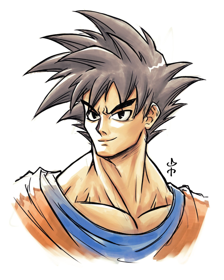apoloniodraws black_eyes dragon_ball highres looking_at_viewer muscular muscular_male signature son_goku spiky_hair upper_body white_background