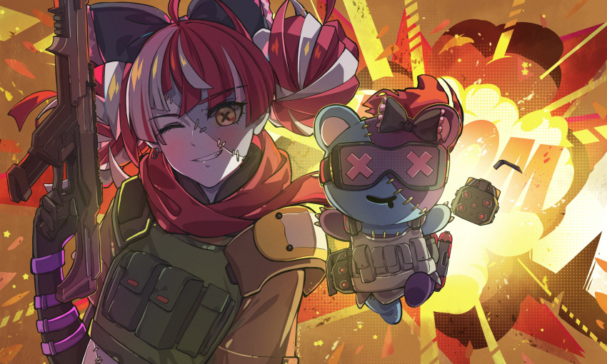 1girl absurdres adapted_costume ahoge apex_legends assault_rifle bangalore_(apex_legends) bangalore_(apex_legends)_(cosplay) black_bow blush bow cosplay crover double_bun english_commentary explosion explosive goggles grenade grey_hair gun hair_bow highres holding holding_gun holding_weapon hololive hololive_indonesia kureiji_ollie looking_at_viewer multicolored_hair one_eye_closed pink_hair r-301_carbine redhead rifle smile stitched_face stitches stuffed_animal stuffed_toy symbol-shaped_pupils teddy_bear udin_(kureiji_ollie) virtual_youtuber weapon x_x yellow_eyes