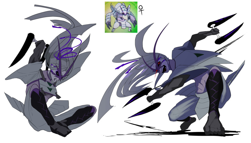 +_+ 1girl armor clenched_teeth comanie creature_and_personification floating_hair gen_7_pokemon golisopod grey_hair highres holding light_trail long_hair multiple_views open_mouth personification pokemon pokemon_(creature) purple_ribbon red_eyes ribbon shin_guards short_sleeves simple_background socks squatting symbol_commentary teeth toes venus_symbol white_background wide_sleeves