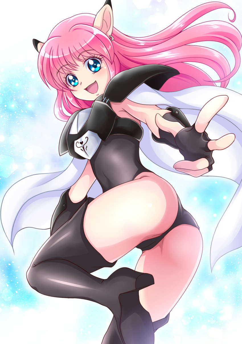 1girl :d armor armored_leotard ass black_armor black_footwear black_gloves black_leotard blue_eyes blush boots earrings fal_(phantasy_star) fingerless_gloves gloves hanzou highres hoop_earrings jewelry leotard long_hair looking_at_viewer open_mouth phantasy_star phantasy_star_iv pink_hair pointy_ears shoulder_armor smile solo thigh-highs thigh_boots