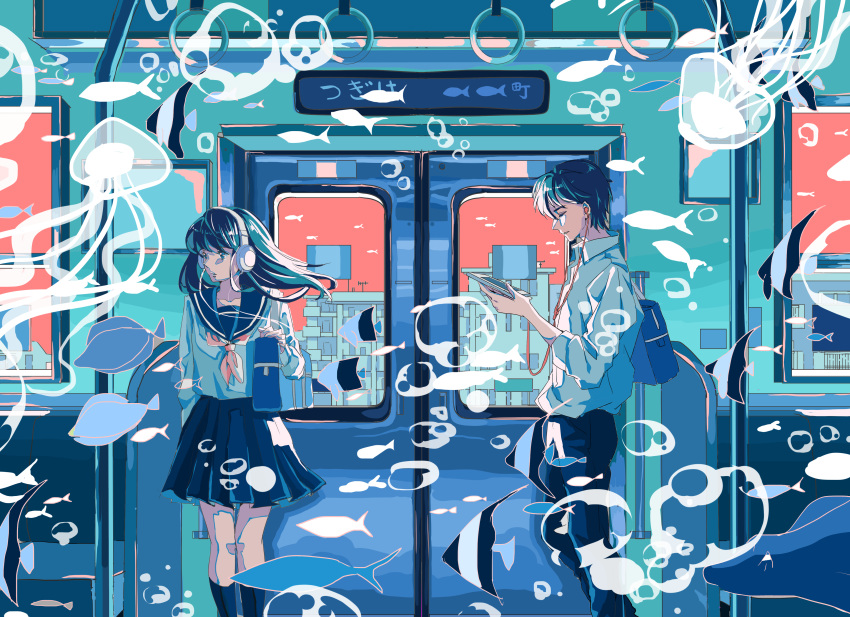 1boy 1girl absurdres angelfish backpack bag bubble fish ground_vehicle headphones highres ichigoame jellyfish ocean original scenery school_uniform serafuku surreal train underwater water