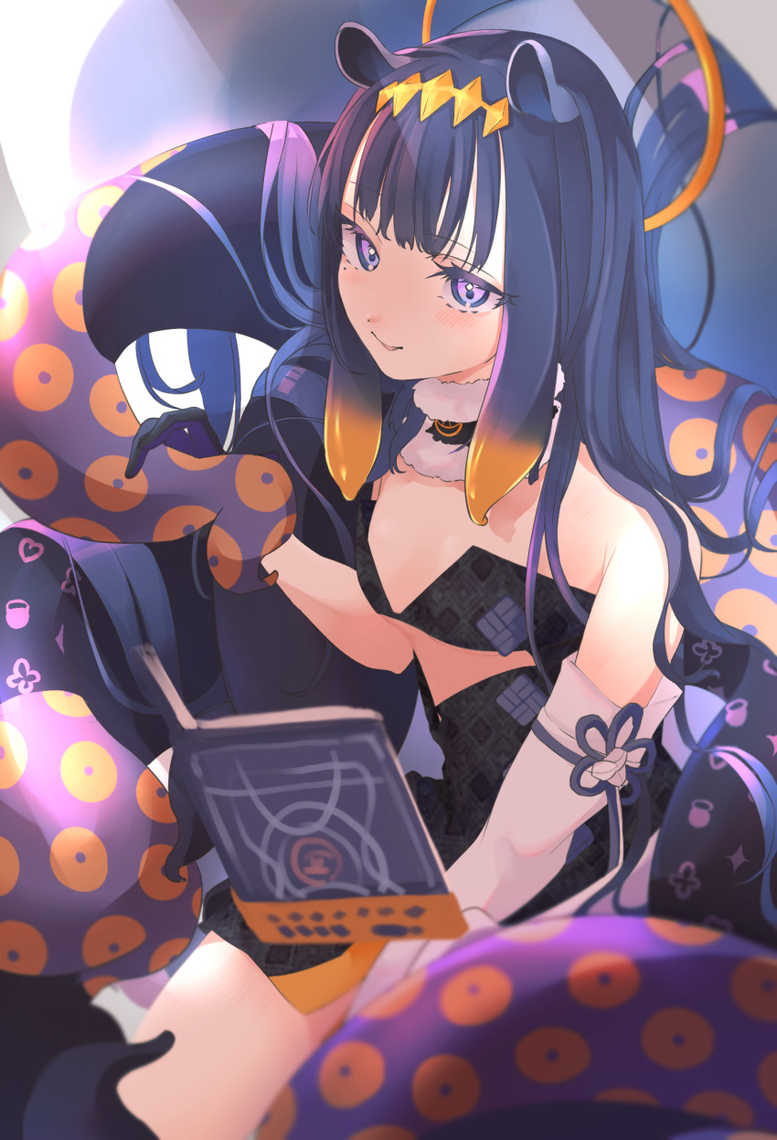 1girl bangs black_dress black_gloves black_hair book breasts detached_sleeves dress eyebrows_behind_hair gloves halo highres holding holding_book hololive hololive_english keisho_ryaku leaning_forward looking_at_viewer looking_up monogram ninomae_ina'nis single_detached_sleeve small_breasts smile solo tentacles violet_eyes virtual_youtuber