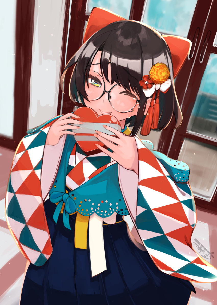 1girl absurdres asymmetrical_bangs bangs blue_capelet blue_eyes blue_skirt bow box brown_hair capelet flower gift gift_box glasses hair_bow hair_flower hair_ornament hakama heart heart-shaped_box highres hololive japanese_clothes kimono looking_at_viewer misono_denpachi multicolored multicolored_clothes multicolored_kimono oozora_subaru parted_bangs pleated_skirt red_bow short_hair skirt smile solo tears uroko_(pattern) virtual_youtuber wide_sleeves