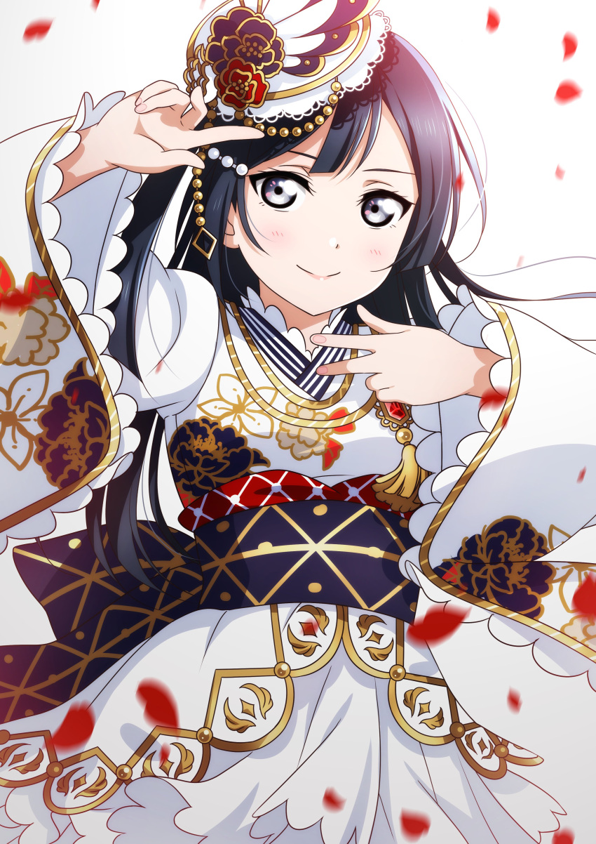 1girl absurdres bangs black_hair commentary cosplay dress floral_print frilled_dress frills grey_eyes hair_ornament hat highres japanese_clothes ketsui_no_hikari kimono kougi_hiroshi long_hair long_sleeves looking_at_viewer love_live! love_live!_nijigasaki_high_school_idol_club love_live!_school_idol_festival_all_stars mifune_shioriko mifune_shioriko_(cosplay) obi petals rose_petals sash side_ponytail sidelocks solo yuuki_setsuna_(love_live!)