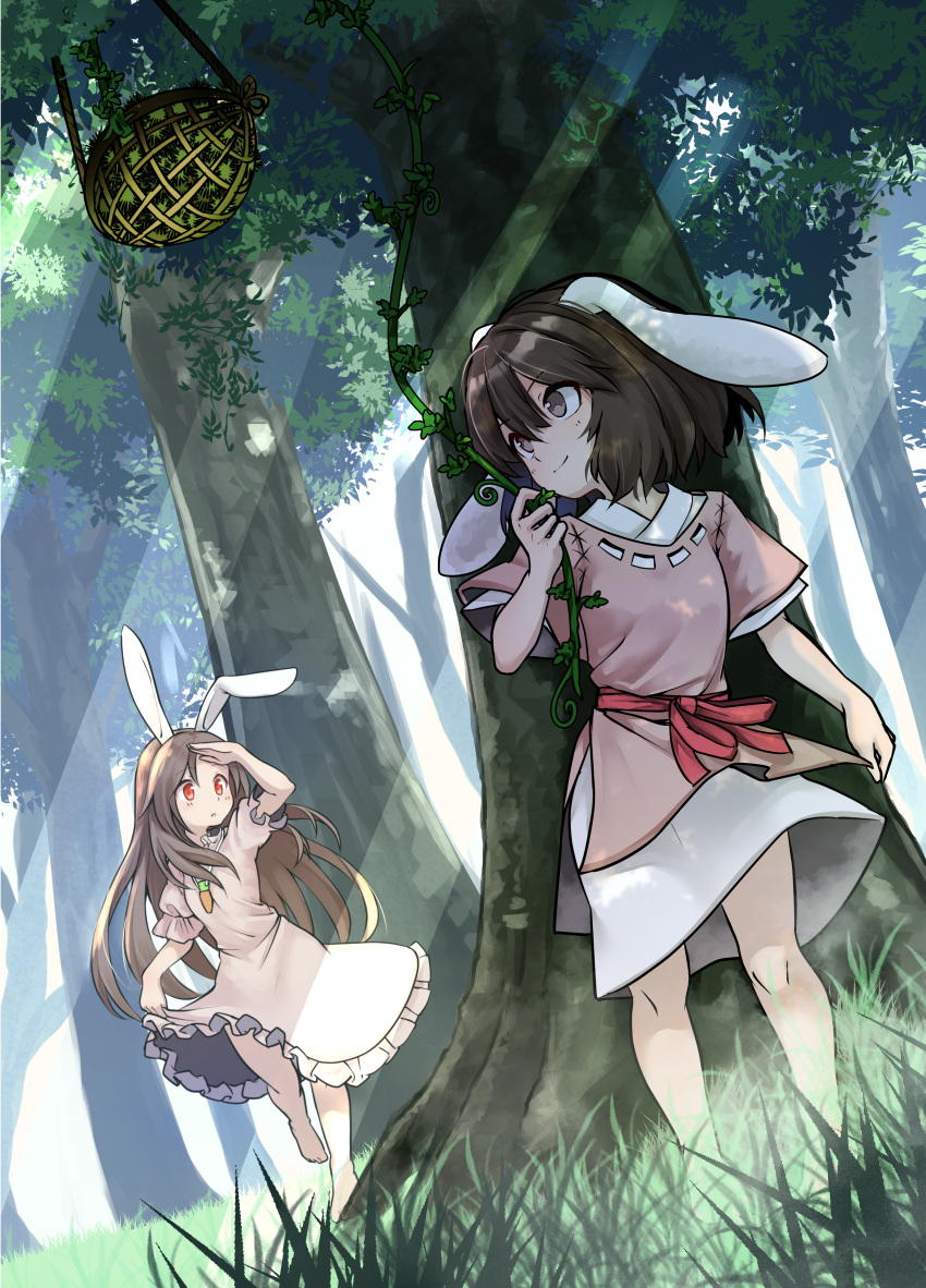 2girls absurdres animal_ears barefoot black_eyes black_hair brown_hair bunny_girl carrot_necklace closed_mouth day dress forest grass highres inaba inaba_tewi japanese_clothes kushidama_minaka light_smile long_hair multiple_girls nature outdoors pink_dress plant puffy_short_sleeves puffy_sleeves rabbit_ears red_eyes short_hair short_sleeves standing touhou tree vines