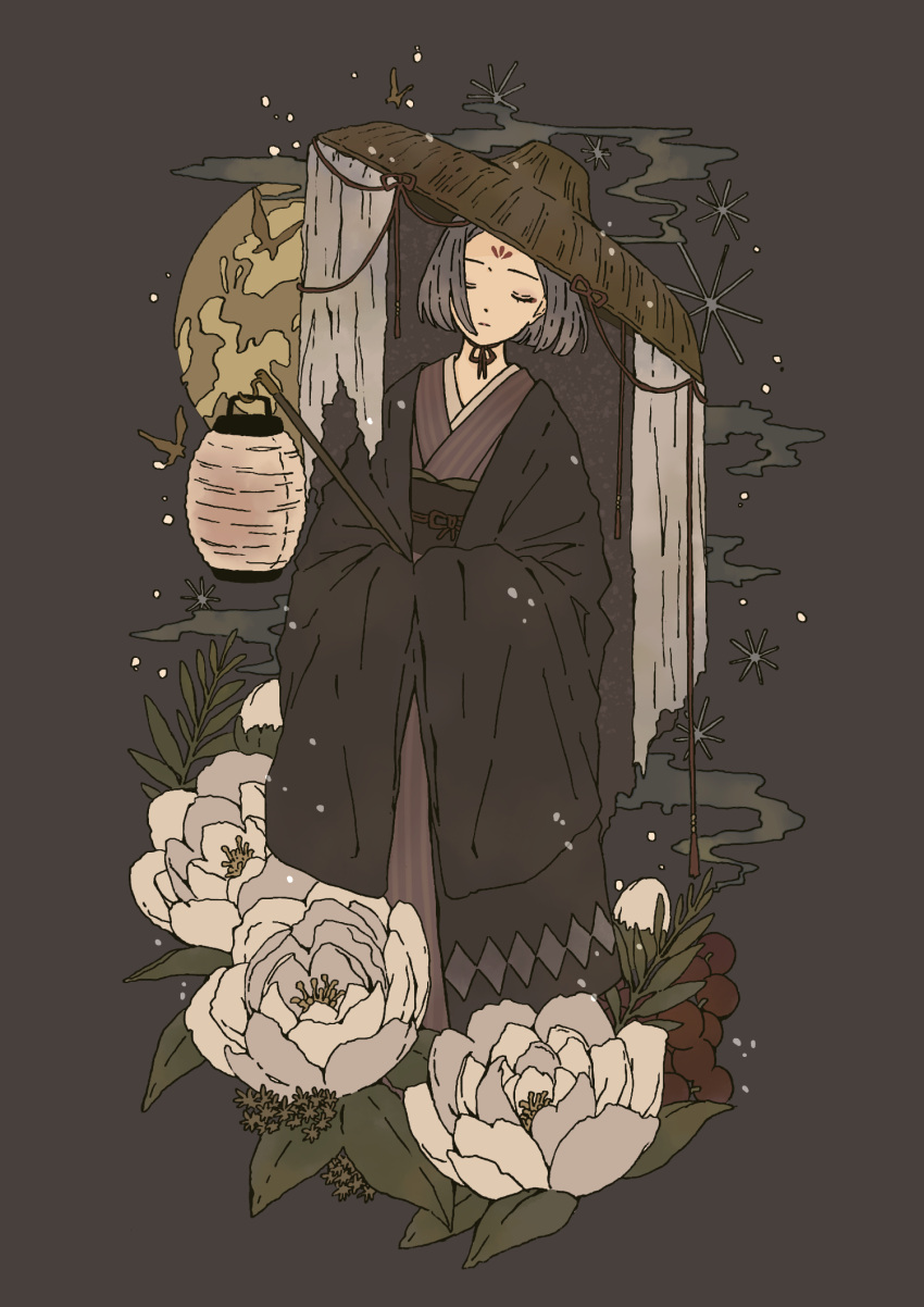 1girl closed_eyes flower grey_background hat headwear highres japanese_clothes kimono lantern moon nanase_(nana.0_7) original short_hair straight_hair white_flower