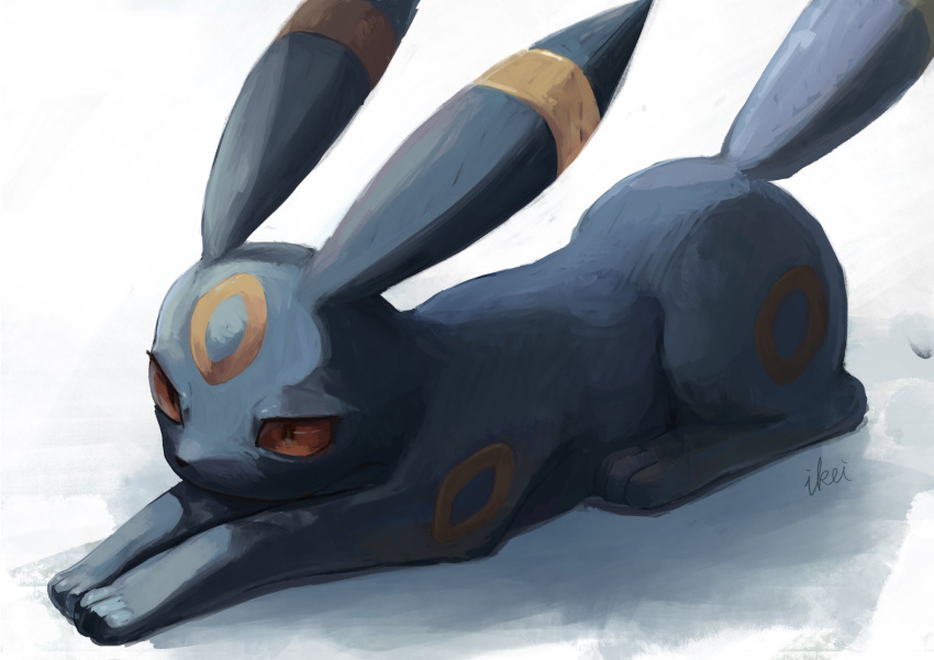 animal_focus artist_name brown_eyes colored_sclera full_body gen_2_pokemon half-closed_eyes highres ikei jpeg_artifacts lying no_humans on_stomach pokemon pokemon_(creature) red_sclera signature simple_background solo stretch umbreon white_background
