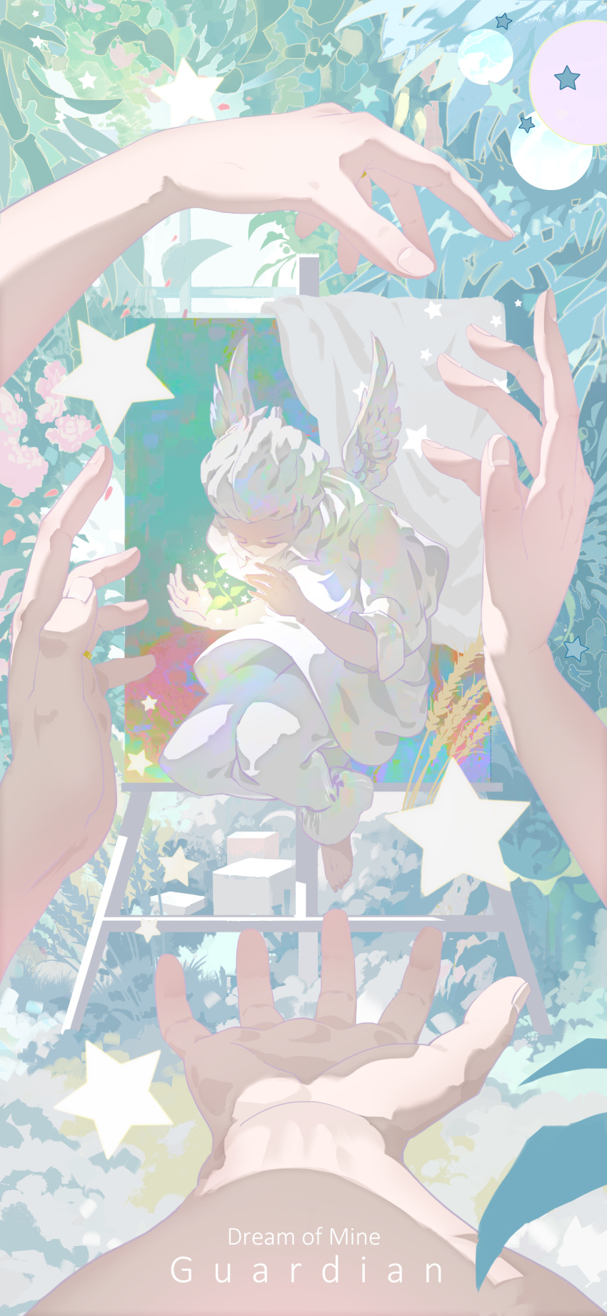 1boy absurdres angel_wings feathers hands highres ice_(805482263) mother's_day original plant shirt star_(sky) white_hair white_shirt wings