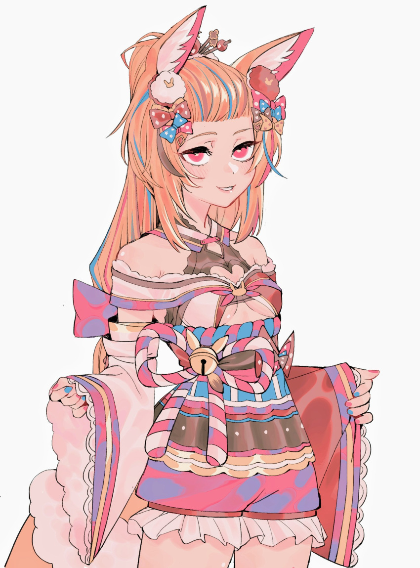 animal_ears bangs_pinned_back bell blonde_hair blue_nails bow breasts detached_sleeves eyelashes eyeliner fox_ears fox_tail frilled_sleeves frills grin hair_bow hair_ornament half-closed_eyes high_ponytail highres hololive japanese_clothes jingle_bell kakult2017 kanzashi kimono lips long_hair looking_at_viewer makeup multicolored multicolored_hair multicolored_nails omaru_polka polka_dot polka_dot_bow red_eyes red_nails simple_background sleeves_past_wrists small_breasts smile streaked_hair tail thighs under_boob very_long_hair white_background wide_sleeves
