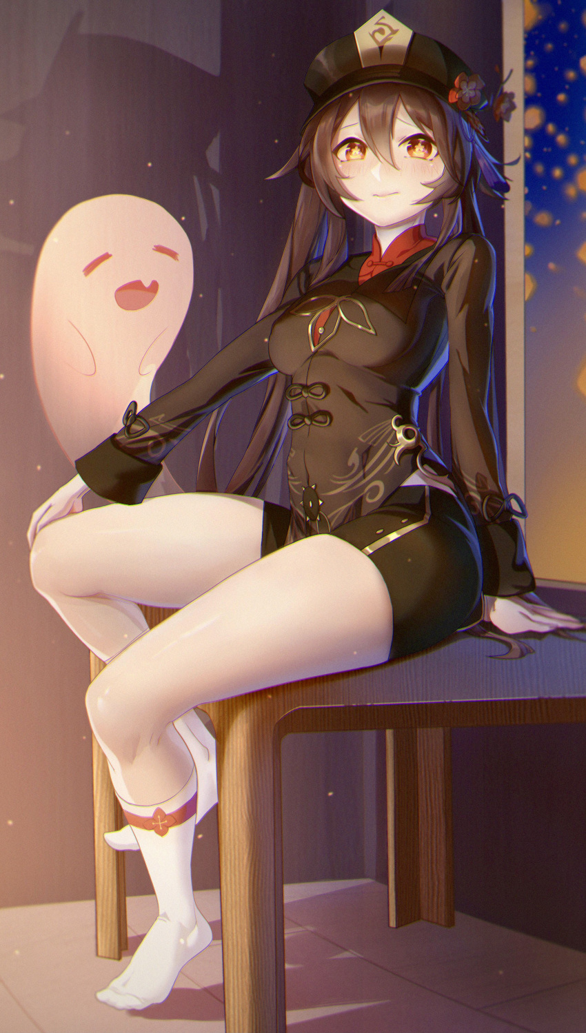 1girl absurdres black_headwear black_shorts blush breasts brown_hair chinese_clothes closed_mouth feet full_body genshin_impact ghost hat highres hu_tao long_hair long_sleeves looking_at_viewer medium_breasts red_eyes short_shorts shorts sitting smile socks solo symbol-shaped_pupils thick_thighs thighs twintails wow+