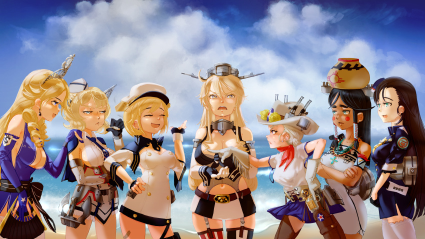 6+girls arizona_(azur_lane) azur_lane beach blonde_hair breasts california_(azur_lane) character_request closed_eyes colorado_(kancolle) contrapposto crossover detached_sleeves earrings garter_straps hair_between_eyes hat highres iowa_(kancolle) jewelry kantai_collection large_breasts long_hair medium_breasts multiple_girls navel pacific revision rigging short_hair smile thigh-highs thighs toorops