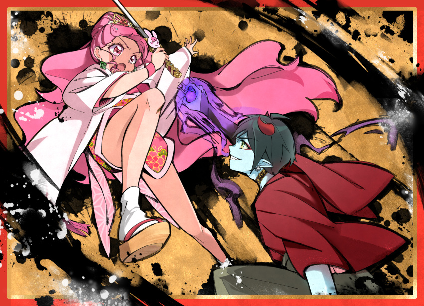 1boy 1girl adapted_costume blue_skin border brown_kimono colored_skin cure_grace daruizen earrings fighting floating_hair floral_print green_hair grin hair_ornament hairpin haori healin'_good_precure highres holding holding_sword holding_weapon horns japanese_clothes jewelry kimono kmcho_902 long_hair outstretched_arm pink_hair pink_kimono pointy_ears precure print_kimono rabirin_(precure) red_border red_kimono shiny shiny_hair short_hair short_kimono smile sword tabi very_long_hair weapon white_legwear yellow_eyes