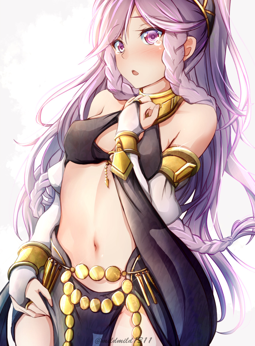 bangs bare_shoulders blush braid breasts bridal_gauntlets clear_glass_(mildmild1311) cowboy_shot crying crying_with_eyes_open fire_emblem fire_emblem_awakening fire_emblem_heroes hairband high_ponytail highres medium_breasts midriff navel official_alternate_costume olivia_(fire_emblem) pelvic_curtain pink_eyes pink_hair simple_background tears twin_braids white_background