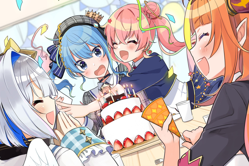 amane_kanata anemachi angel_wings bangs beret birthday birthday_cake blue_eyes blue_hair blush bow cake celebration choker colored_inner_hair confetti dragon_girl dragon_horns eyebrows_visible_through_hair food hair_between_eyes hair_ornament halo hat highres hololive horn_bow horns hoshimachi_suisei jacket jewelry kiryu_coco long_hair medium_hair multicolored_hair multiple_girls open_mouth orange_hair pink_hair pointy_ears ribbon shinomiya_shino_(sinosino141) shirt short_hair siblings side_ponytail silver_hair sisters smile star_(symbol) star_hair_ornament streaked_hair table virtual_youtuber wings