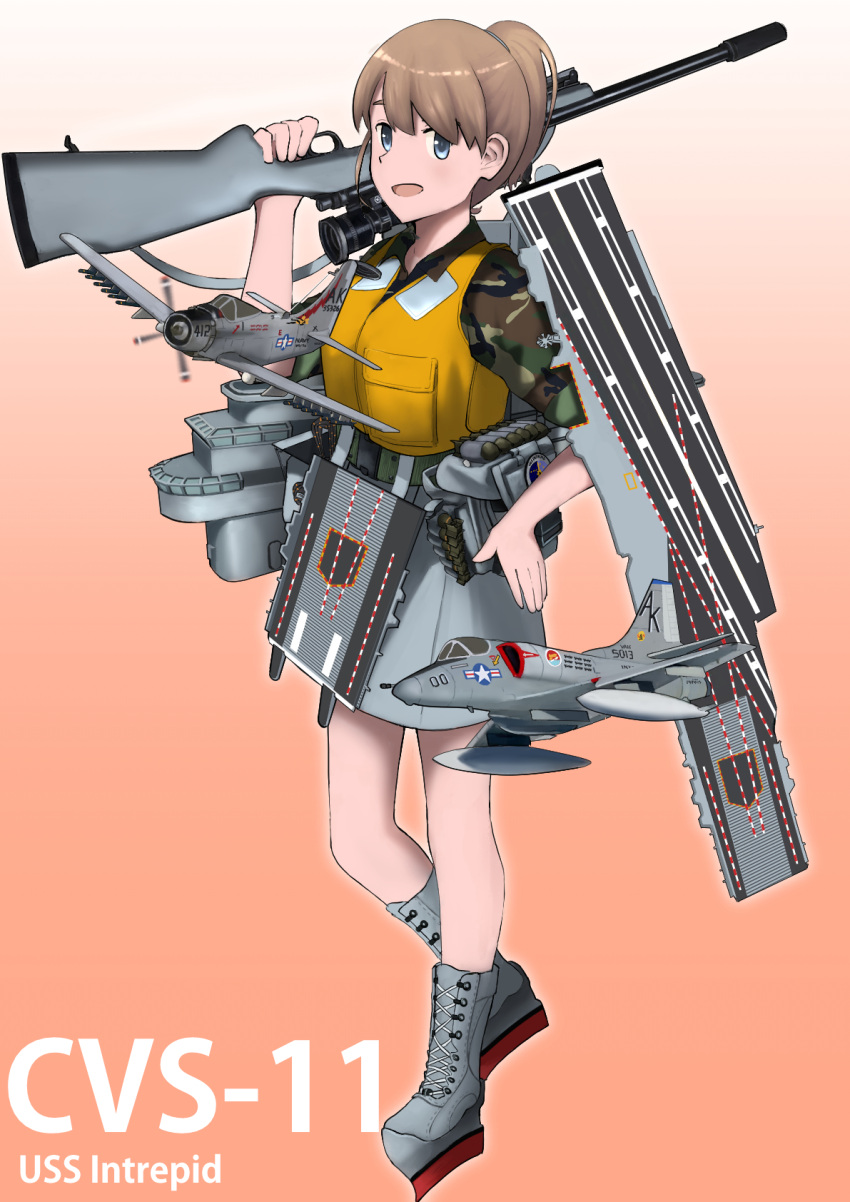 1girl aircraft aircraft_request airplane backpack bag blue_eyes brown_hair camouflage character_name commentary_request cowboy_shot flight_deck full_body gradient gradient_background grey_skirt gun hand_on_hip highres intrepid_(kancolle) kantai_collection life_vest looking_at_viewer m1903_springfield machinery miniskirt ocean orange_background original_remodel_(kantai_collection) ponytail rifle rigging short_hair skirt solo standing timmyyen water weapon