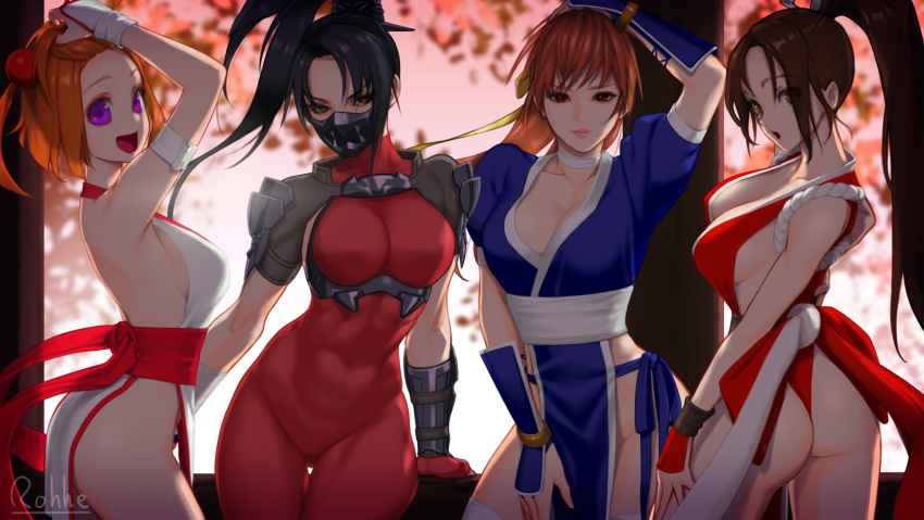 4girls armlet ass bandai_namco bow bowl_cut breasts brown_hair dead_or_alive duplicate eyebrows_visible_through_hair fatal_fury gauntlets hair_bow hair_ornament hair_over_one_eye highres kasumi_(doa) long_hair multiple_girls ninja ogin_(pachislot) open_mouth pachislot_koumonchama_katsu ponytail ryohhe shiranui_mai short_hair sideboob smile soulcalibur standing taki_(soulcalibur) tied_hair