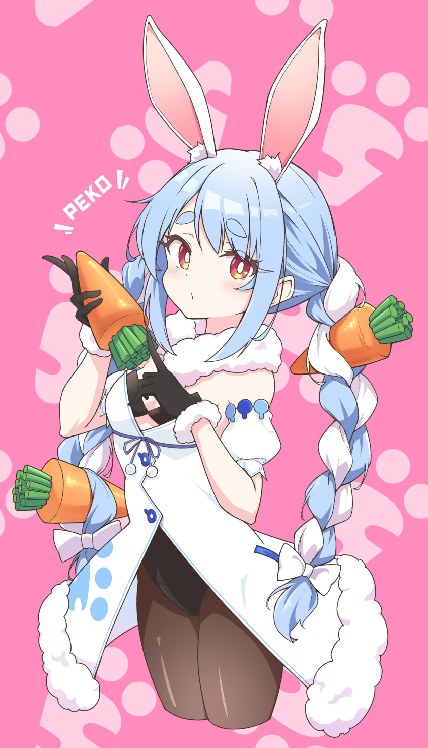 1girl absurdres animal_ear_fluff animal_ears bangs bare_shoulders black_legwear black_leotard blue_hair braid breasts bunny_tail carrot_hair_ornament clothing_cutout coat cowboy_shot cropped_legs food_themed_hair_ornament fur-trimmed_coat fur_scarf fur_trim hair_ornament highres hikimayu hololive leotard leotard_under_clothes long_hair looking_at_viewer multicolored_hair orange_eyes pink_background playboy_bunny puckered_lips quarterlift rabbit_ears red_eyes scarf short_eyebrows small_breasts solo strapless strapless_coat strapless_leotard swept_bangs tail thick_eyebrows twin_braids twintails two-tone_hair underboob_cutout usada_pekora virtual_youtuber white_coat white_hair white_scarf