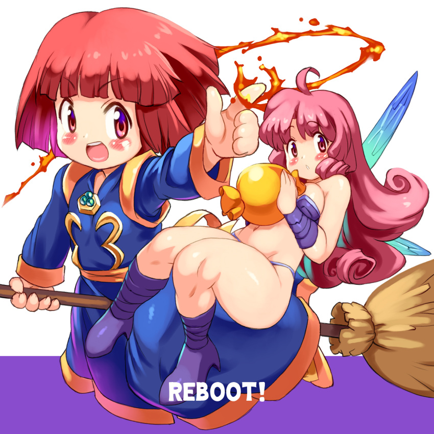 2girls :d bikini blue_dress blush breasts broom broom_riding chestnut_mouth cotton_(character) cotton_(game) curly_hair dress fire highres holding holding_broom large_breasts long_hair looking_at_viewer multiple_girls navel open_mouth pink_eyes pink_hair pointing purple_bikini pyrokinesis redhead shiny shiny_skin short_hair silk_(cotton) smile swimsuit thick_thighs thighs yu_3