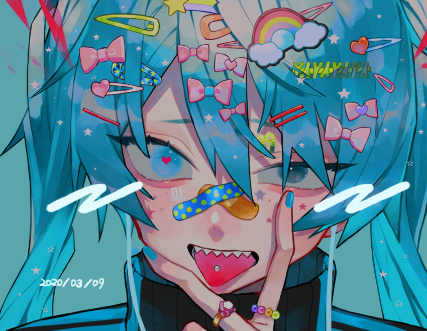 1girl 2020 :p aqua_background aqua_eyes bags_under_eyes bandaid bandaid_on_face bandaid_on_nose black_jacket blue_eyes blue_hair blue_nails blue_theme character_name close-up colorful commentary_request dated earphones earphones face facepaint fingernails furrowed_eyebrows gem hair_between_eyes hair_ornament hair_ribbon hairclip hairpin half-closed_eye hand_on_own_chin hand_on_own_face hand_up hatsune_miku heart heart-shaped_pupils heart_hair_ornament heterochromia high_collar jacket jewelry light_particles long_hair looking_at_viewer number open_mouth piercing pink_ribbon polka_dot rainbow_hair_ornament ribbon ring shaded_face sharp_teeth shiny shiny_hair sidelocks simple_background solo star_(symbol) star_hair_ornament star_print symbol-shaped_pupils teeth temu_(tem27) tongue tongue_out tongue_piercing track_jacket tsurime twintails upper_body vocaloid
