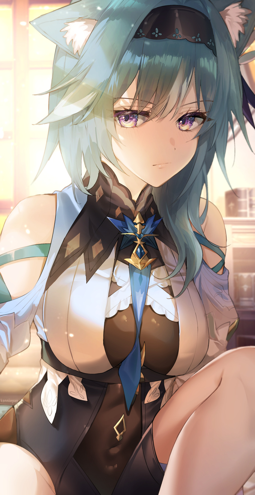 1girl absurdres animal_ear_fluff animal_ears aqua_hair bare_legs bare_shoulders between_breasts bodystocking breasts brooch cat_ears clothing_cutout covered_navel eula_(genshin_impact) genshin_impact hairband highres jewelry kanniiepan kemonomimi_mode long_hair looking_at_viewer medium_breasts multicolored_hair necktie shirt short_necktie shoulder_cutout solo streaked_hair violet_eyes white_shirt