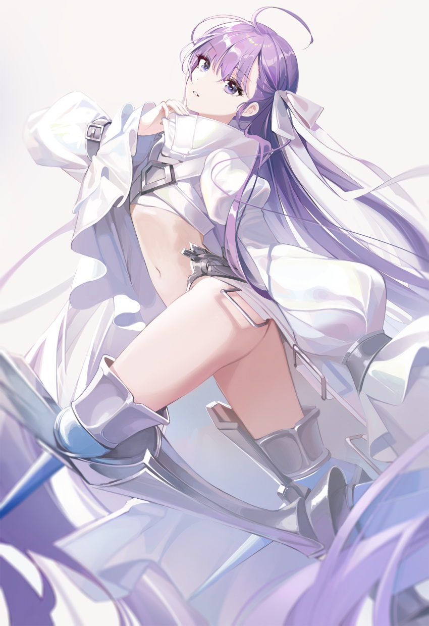 1girl bangs bare_shoulders blue_eyes blue_ribbon blush breasts buri_(retty9349) choker collarbone fate/grand_order fate_(series) frills greaves grin hair_ribbon highleg highleg_swimsuit highres legs long_hair long_sleeves looking_at_viewer meltryllis_(fate) meltryllis_(swimsuit_lancer)_(fate) off-shoulder_swimsuit off_shoulder one-piece_swimsuit prosthesis prosthetic_leg puffy_sleeves purple_hair ribbon sleeves_past_fingers sleeves_past_wrists small_breasts smile swimsuit very_long_hair