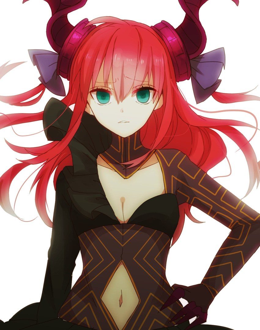 1girl aqua_eyes black_gloves breasts clothing_cutout dragon_horns eiku elizabeth_bathory_(fate) elizabeth_bathory_(fate)_(all) fate/grand_order fate_(series) gloves hair_between_eyes hand_on_hip highres horns long_hair long_sleeves looking_at_viewer medium_breasts navel navel_cutout purple_ribbon redhead ribbon solo two_side_up upper_body white_background