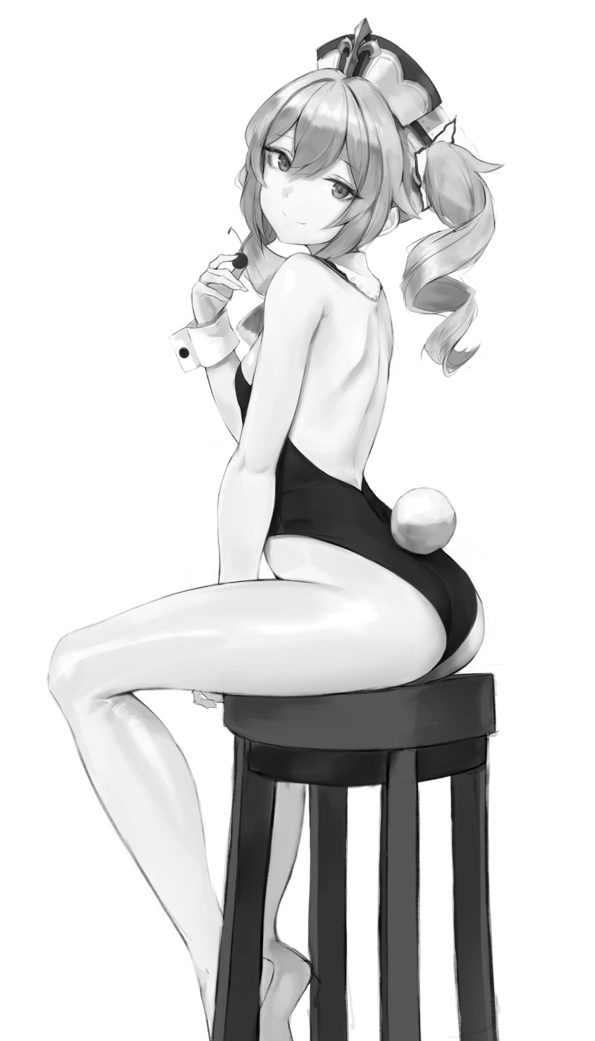 1girl absurdres arched_back ass bangs barbara_(genshin_impact) breasts bunny_tail cherry closed_mouth commentary food from_side fruit genshin_impact hair_between_eyes hand_up hat highres hiki_niito holding holding_food holding_fruit leotard light_smile long_hair looking_at_viewer monochrome shoulder_blades sitting small_breasts solo stool strapless strapless_leotard tail thighs wrist_cuffs