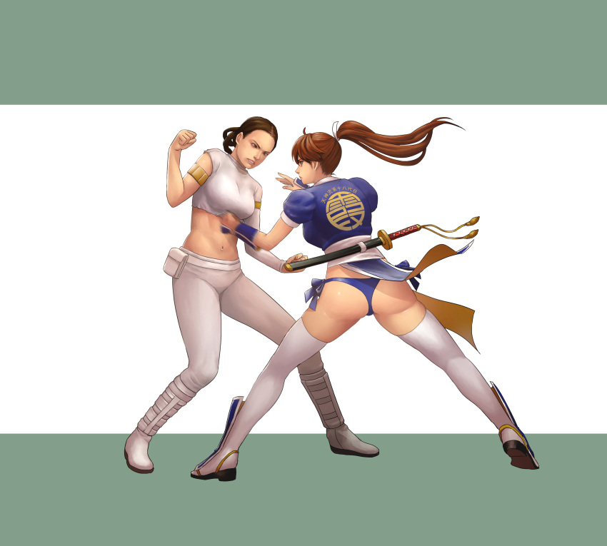 absurdres ass asymmetrical_clothes asymmetrical_hair boots breasts brown_hair catfight cirenk clenched_hand clenched_hands crossover dead_or_alive duplicate fighting from_behind hair_ornament highres kasumi_(doa) katana legs_apart looking_at_another medium_breasts midriff multiple_girls padme_amidala panties puffy_short_sleeves puffy_sleeves punching ribbon short_sleeves star_wars:_attack_of_the_clones stomach_punch sword tied_hair underwear upskirt weapon white_legwear white_ribbon