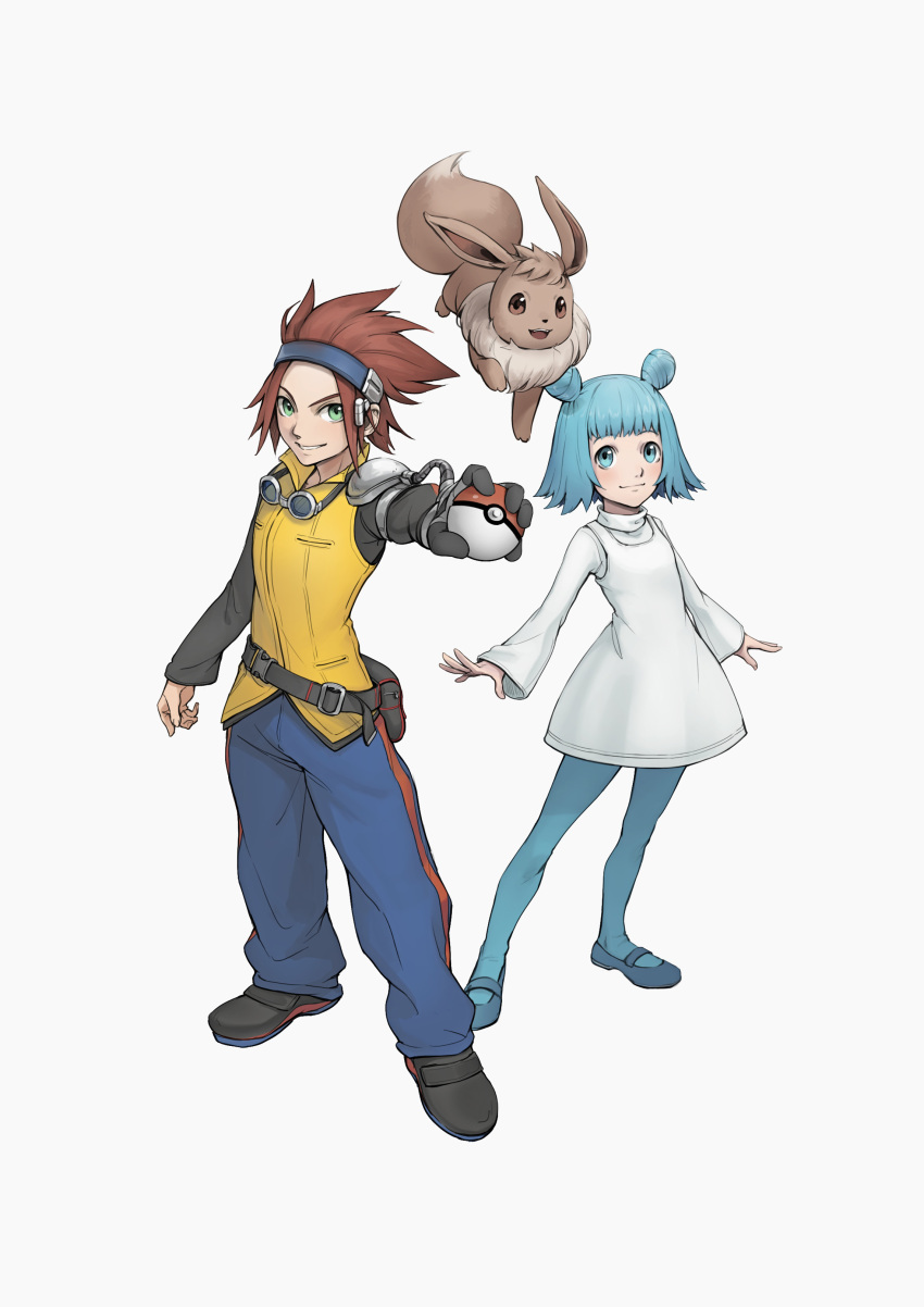 1boy 1girl absurdres black_footwear black_shirt blue_hair blue_legwear blue_pants blush brother_and_sister brown_hair closed_mouth commentary double_bun dress eevee fanny_pack gen_1_pokemon gloves goggles goggles_around_neck green_eyes hairband highres holding holding_poke_ball jovi_(pokemon) kazuko_(towa) long_sleeves michael_(pokemon) pants pantyhose parted_lips poke_ball pokemon pokemon_(creature) pokemon_(game) pokemon_xd shirt shoes short_hair siblings single_glove smile spiky_hair standing vest white_dress yellow_vest