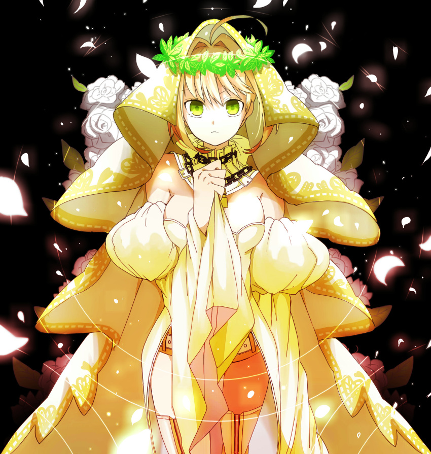 1girl ahoge bangs black_background blonde_hair breasts chain closed_mouth detached_collar detached_sleeves eiku eyebrows_visible_through_hair fate/grand_order fate_(series) flower green_eyes hand_up highres juliet_sleeves large_breasts long_sleeves looking_at_viewer nero_claudius_(bride)_(fate) nero_claudius_(fate)_(all) petals puffy_sleeves rose solo thigh-highs veil white_flower white_rose white_sleeves wreath zettai_ryouiki