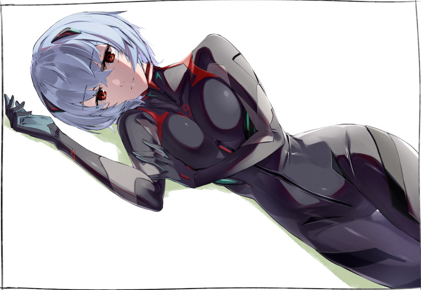 1girl ayanami_rei bangs black_bodysuit black_gloves bodysuit breasts commentary_request dutch_angle expressionless eyebrows_visible_through_hair gloves kei_(soundcross) looking_at_viewer lying medium_breasts neon_genesis_evangelion number on_side parted_lips plugsuit red_eyes short_hair silver_hair simple_background skin_tight solo thigh_gap white_background